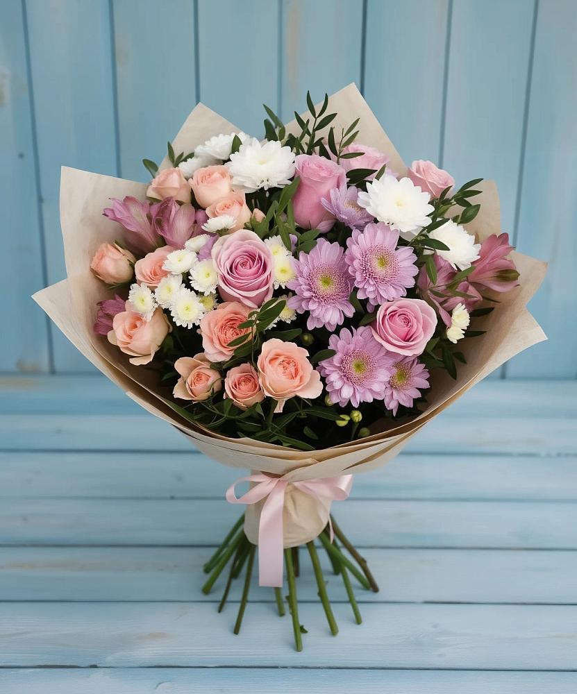 Букет цветов из: Хризантемы, Розы и Альстромерии в Ступино