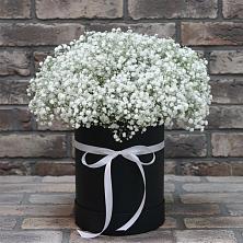 Цветочная композиция из Гипсофила в шляпной коробке в Ступино