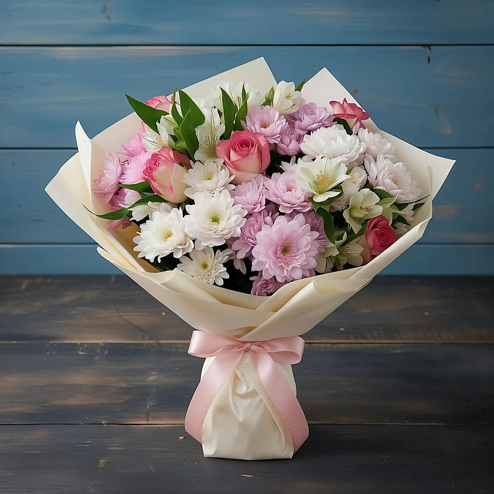 Букет цветов из: Хризантемы, Альстромерии и Розы в Ступино